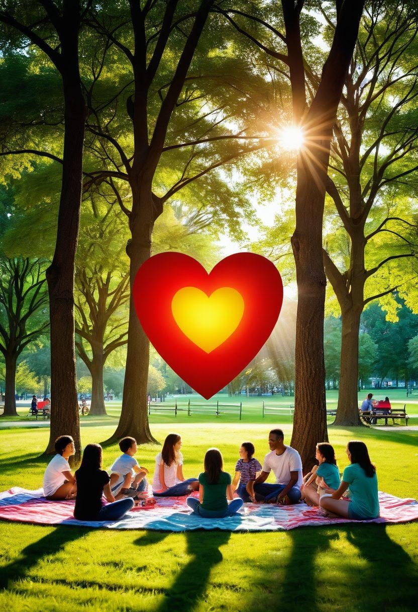 A warm and inviting scene featuring a heart-shaped shield symbolizing protection and love, surrounded by diverse families enjoying life in a park. Joyful interactions highlight trust and safety as they engage in activities like picnics and playing games. Soft sunlight filters through green trees, creating an atmosphere of peace and security. super-realistic. vibrant colors. 3D.