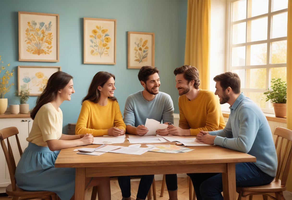A warm and inviting scene of a family gathered around a table, discussing insurance documents with smiles and understanding, surrounded by symbols of love like hearts and protective shields. Incorporate elements representing both affection and coverage, such as a cozy home backdrop and comforting colors. The atmosphere should convey trust and togetherness. soft colors, illustration style.